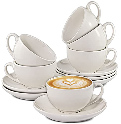 6 Cappuccino-Tassen aus weißer Keramik – mit Untertassen – 180 ml – mit Geschenkbox – spülmaschinenfest