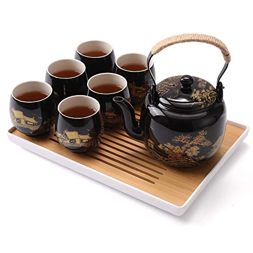 DUJUST Japanisches Teeservice, Schwarzes Porzellan Chinesisches Teeset mit Kanne und Tassen, Schönes Asiatische Teekanne Set für Teeliebhaber (Landschaft in Gold)