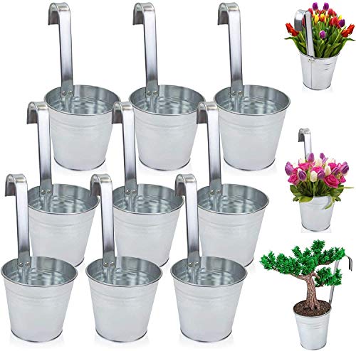 9er Set Hängetöpfe - Tolle Blumentöpfe aus robustem Zink mit Haken für einfache Dekoration, perfekt als Pflanztopf, Übertopf oder dekorative Vase für einen schönen Garten Deko (9er Set Silber)