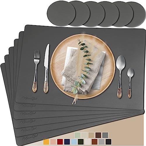 Mahewa® 6er Set Premium Tischset aus Leder-Imitat - Kunstleder Platzset abwaschbar und wasserdicht - Platzdeckchen Telleruntersetzer in Lederoptik Grau