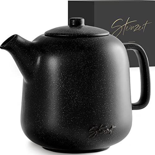 STEINZEIT Design Teekanne (1,3L) mit Siebeinsatz aus rostfreiem 304 Edelstahl - Teekanne Keramik mit einzigartiger Glasur mit Sieb herausnehmbar - schwarz
