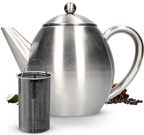 Vaja Trends | Teekanne | Edelstahl | Edelstahl matt | Doppelwandig | 1,2 L | Tropft nicht | Hält den Tee lange heiß | Inklusive Filter | Schönes und funktionales Design | Edelstahl