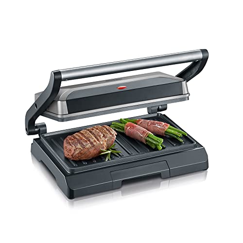 SEVERIN Kontaktgrill für Sandwiches, Steak und als Panini Grill, antihaftbeschichteter Sandwich Maker für fettfreies Grillen, 800 W, metallic grau/schwarz, KG 2394