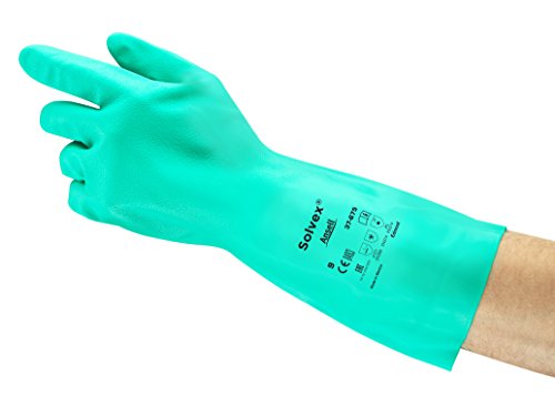 Ansell AlphaTec 37-185 Nitril-Arbeitshandschuhe, Industrie Chemikalien und Lebensmitteln, Chemikalien-Schutz Latexfrei, Chemie-Handschuh Säurefest, Damen Herren, Grün, Größe XL (1 Paar)