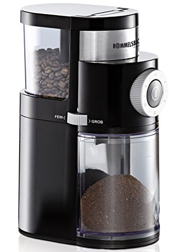 ROMMELSBACHER Kaffeemühle EKM 200 – aromaschonendes Scheibenmahlwerk, Mahlgrad einstellbar von grob bis fein, 2-12 Portionen, Füllmenge Bohnenbehälter 250 g, 110 Watt, schwarz