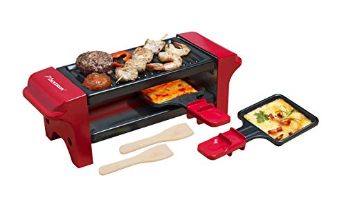 Bestron Raclette für 1 bis 2 Personen, Mini Tischgrill mit zwei Pfännchen und zwei Holzschabern, 350 Watt, Farbe: Rot/Schwarz