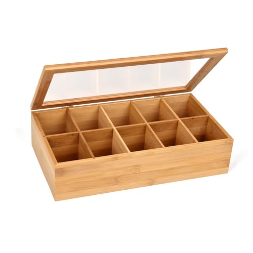 GRÄWE Teebox aus Bambus mit 10 Fächern, klappbarer Deckel, Sichtfenster, Teebeutelbox für aromageschützte Aufbewahrung von Tee - 36 x 20 x 9 cm