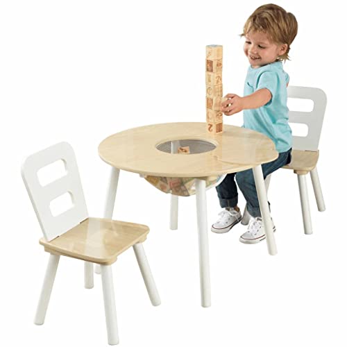 KidKraft Runder Kindertisch mit Stauraum und 2 Stühlen aus Holz - Kindersitzgruppe mit Aufbewahrungsfach, Kinder Tisch Stuhl Set, Kinderzimmer Möbel, 27027