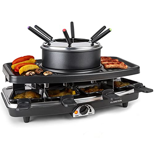 Klarstein 3-in-1 Raclette Fondue Kombi und Grill, 1100W Raclette-Fondue-Set mit Steinplatte, Elektrischer Fondue Raclette Grill für 8 Personen