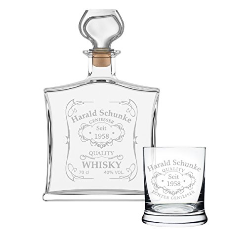 polar-effekt 2-TLG Geschenk-Set mit Whiskeyflasche und Whiskyglas - Edle Glas-Karaffe Inhalt: 700ml - mit Gravur Motiv Quality Whisky