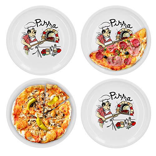 Van Well 4-er Set italienische Pizzateller groß ø 30,5cm Küchenchef – Porzellan XL Teller für Pizza & Pasta– Mikrowellen geeignet, spülmaschinenfest, stapelbar – Gastronomie- und zu Hause Geschirr