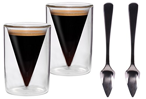 Feelino Espressotasse Glas Doppelwandig, 2er-Set Espresso Gläser, im Spitzdesign, 70ml Doppelwandige Gläser, Spülmaschinenfeste Kaffeegläser & Löffel