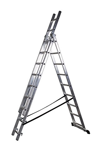 DRABEST Leiter PRO Serie Aluminium Leiter 3-teilig Schiebeleitern 9 Stufen Mehrzweckleiter Arbeitshöhe 6,32 m Belastbarkeit 150 kg inkl. Eimerhaken