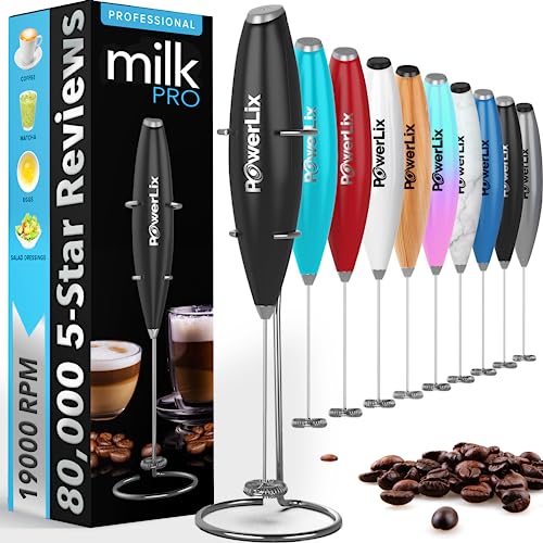 PowerLix Milchaufschäumer Stab, Milchschäumer Elektrisch - mit Edelstahlständer 15-20s, 19000 U/min, Batteriebetriebener Milk Frother für Kaffee, Latte, Cappuccino, Heiß & Kalte Schokolade, Schwarz