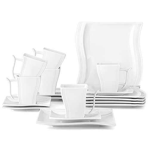 Malacasa, Serie Flora, 18 tlg. Set Cremeweiß Porzellan Kaffeeservice Geschirrset mit je 6 Kuchenteller, 6 Tasse 220ml, 6 Untertasse für 6 Personen