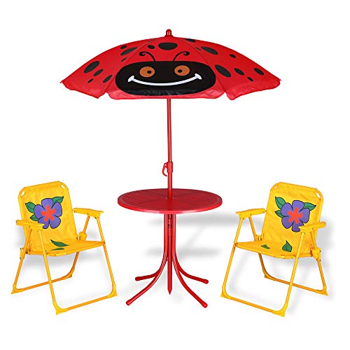 Spielwerk® Kindersitzgruppe Garten mit Sonnenschirm höhenverstellbar 2X Klappstuhl UV Schutz abgerundete Ecken Tisch Stühle Outdoor Sitzgruppe Kinder