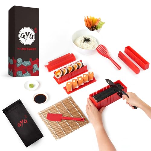 Aya Sushi Maker Kit Sushi Maker Rot Komplett mit Sushi Messer und Exklusiv Video Tutorials 11 Stück DIY Sushi Set - Einfach und Spaß für Anfänger - Sushi Rollen Maker- Maki Roll – Sushi Roller