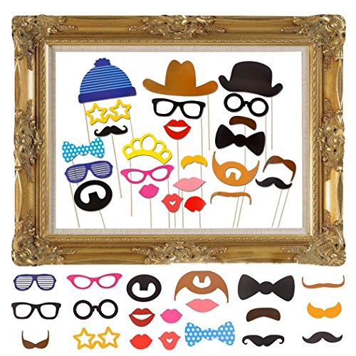 JZK 25 Photo Booth Props mit Rahmen, Brillen Lippen Krawatte Masken Hut Foto Requisiten Foto Accessoires für Hochzeit Geburtstag Taufe Babyparty Weihnachten Neujahr