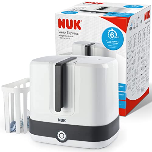 NUK Vario Express Flaschensterilisator sterilisiert bis zu 6 Babyflaschen plus Zubehör in 6 Minuten auf Wasserdampfbasis|automatische Abschaltung | herausnehmbarer Korb & versetzbare Stäbe|EU-Stecker