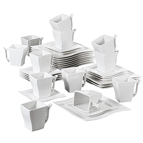 MALACASA, Serie Flora, 36 TLG. Set CremeWeiß Porzellan Kaffeeservice Geschirrset mit je 12 Kuchenteller, 12 Tasse 220ml, 12 Untertasse für 6 Personen