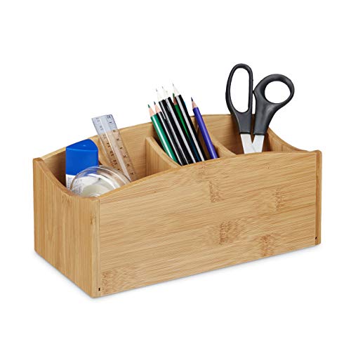 Relaxdays Schreibtischorganizer aus Bambus, Stifteköcher mit 4 Fächern, natürliche Maserung, HBT: ca. 11,5 x 26 x 13 cm, natur