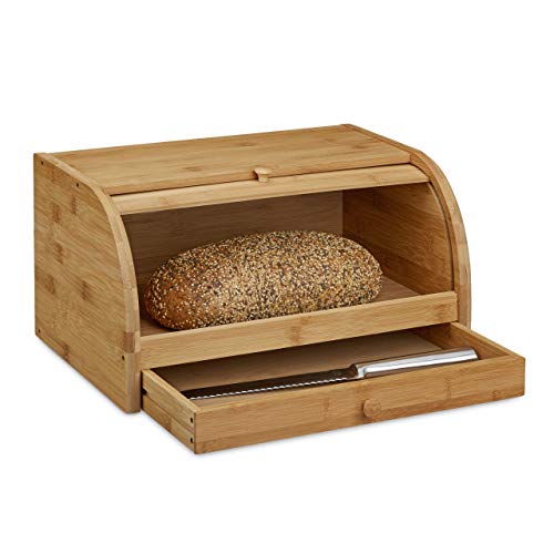 Relaxdays Rollbrotkasten mit Schublade, Bambus, aromadicht, Brotkasten mit Rolldeckel, HxBxT: 21 x 40,5 x 28 cm, Holz, natur