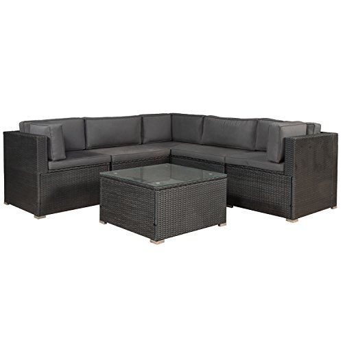 Juskys Polyrattan Gartenmöbel-Set Nassau wetterfest - Lounge mit Ecksofa, Tisch & Auflagen - Gartenlounge für 5 Personen - Sitzgruppe Schwarz-Grau