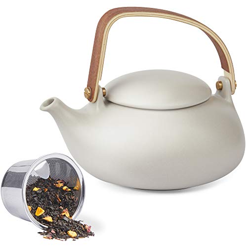 ZENS Teekanne mit Siebeinsatz, Holzgriff Matt Keramik Japanische Teeservice, 800ml Klein Grau Teekanne Geschenke für Losen Tee