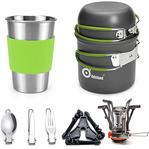 Odoland Camping Geschirr Set 9-teiliges Outdoor Kochgeschirr Aluminium Camping Töpfe Becher Faltbare Besteck Mini Campingkocher für Outdoor Picknick Wandern