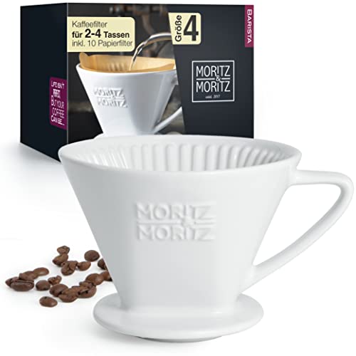 Moritz & Moritz Permanent Kaffeefilter Porzellan Größe 4 – kompatibel mit Melitta Filtertüten 1x4 – Kaffee Filteraufsatz für 2-4 Tassen - inklusive 10x Papierfilter