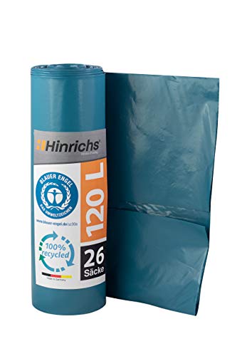 Hinrichs Müllsäcke 120L extra Stark - 26er Rolle - 70x110 cm - Extrem reißfeste Müllbeutel - Mülltüten aus Recycling LDPE - Blaue Säcke - Abfallsäcke für Garten, Haushalt & Baustelle