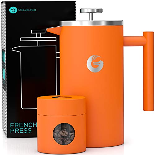 Coffee Gator French Press Kaffeebereiter - Thermo-Kaffeekanne aus Edelstahl für länger heißen Kaffee - 1 Liter – edelstahl - Inkl. Reise-Kaffeedose