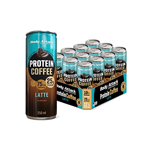 Body Attack Protein Coffee – Coffee Latte, 12 x 250ml (inkl. Pfand) - Protein Eiskaffee - erfrischender Eiskaffee fettarm mit 25 g Eiweiß, 75 mg Koffein - aus 100% Arabica Kaffeebohnen