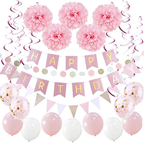 HAPPY BIRTHDAY Girlande Set Geburtstag Dekoration Seidenpapier Pompoms Rosa Folie Spirale Deko von SUNBEAUTY (Rosa)