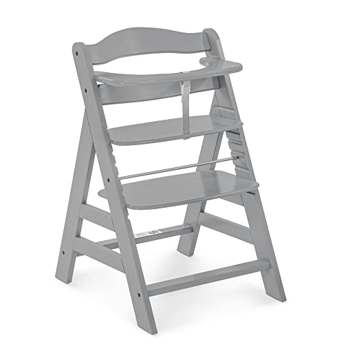 hauck Hochstuhl Alpha+ für Kinder ab 6 Monaten bis 90 kg, inkl. Schutzbügel, 5-Punkt-Gurt & Schrittgurt, mitwachsender Kinderhochstuhl aus FSC® zertifiziertem Buchenholz (Grey)