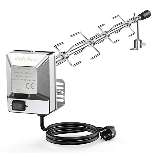 Onlyfire BRK-6032 Universal Verchromter Grillspieß Set, 100 cm Rotisserie Drehspieß, 4X Fleischnadeln, Edelstahl Motor, 220V - 240V, Drehspiess