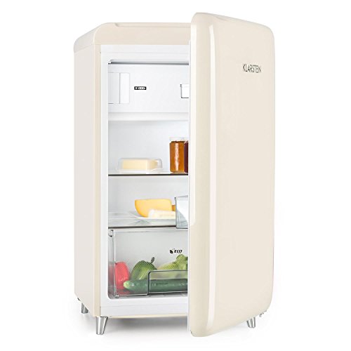 Klarstein PopArt - Kühlschrank mit Gefrierfach, Kühl Gefrierkombination Retro Look der 50er, fridge mit 108 L Volumen, 13 Liter Gefrierfach, Gemüsefach, 2 x Regal, Flaschenfach, Creme