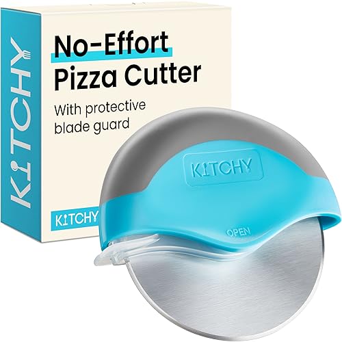Kitchy Pizzaschneiderad - Pizzaschneider mit Klingenschutz und ergonomischem Griff - superscharf und spülmaschinenfest Pizzaroller (Blau)