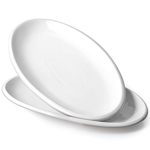 DOWAN Servierplatte Oval 2er, 14"/35,6 cm Tiefer Teller Porzellan, Große Speiseteller Keramik für Party, Fleisch, Vorspeisen, Dessert, Snack, Weiß