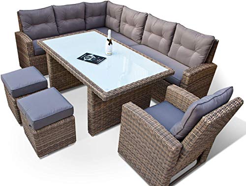 hohe Dining Lounge - DEUTSCHE Hersteller - 8 Jahre GARANTIE - EIGENE Produktion - PolyRattan Gartenmöbel Essgruppe Sessel Naturfarben Rundrattan Grau