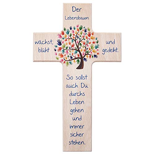 FRITZ COX Holzkreuz "Lebensbaum" | Das besondere Geschenk für unsere Liebsten | Wandkreuz zur Taufe, Kommunion, Geburt | 15 cm