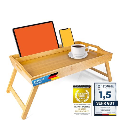 Frühstückstablett Bambus Bett-Tablett Serviertablett Betttisch mit klappbaren Beinen - auch als Lapdesk, Notebook-Tisch verwendbar (Natur)