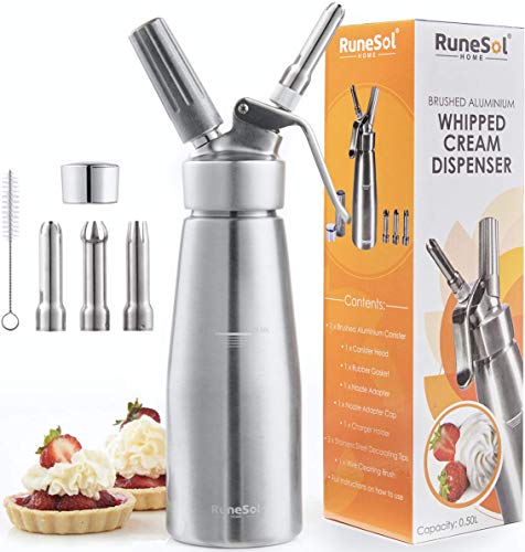 Runesol Sahnespender Aluminium 500ml mit Edelstahl 3 Tüllen, Sahnesprüher für Desserts, Sahne Aufschlager, Espumas Syphon, Sahnesyphon, Espuma Flasche, Schlagsahnebereiter für Ostern