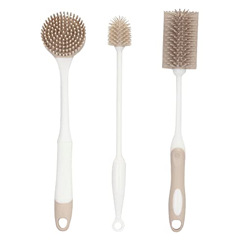 UPP Silikon-Spülbürsten CLEANUPP 3er Set I Geschirrbürste, Flaschenbürste & Babyflaschenbürste mit flexiblen Silikonborsten I Spülmaschinenfest, langlebig, antibakteriell I weiß-beige