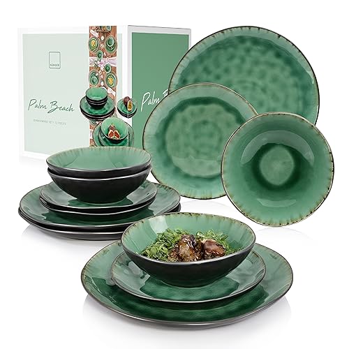 SÄNGER | Teller Set Palm Beach 12 tlg, Geschirrset 4 Personen, Geschirr Steingut, Dinner Set inkl. Speiseteller Dessertteller & Tiefe Teller, Essservice Grün Schwarz mit Braunem Farbverlauf