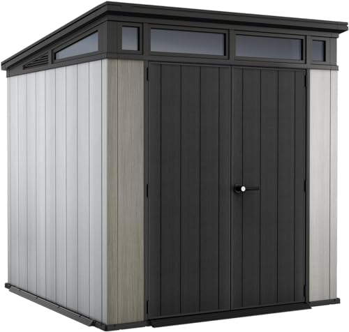 Keter Artisan 7x7 Gerätehaus – Wetterfestes Gartenhaus mit Boden, Pultdach, Doppeltüren & Fenster, Ideal für Outdoor-Aufbewahrung, 214x218x226cm, 8,3 m³, grau