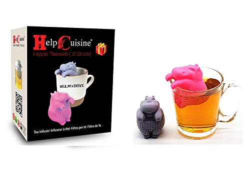 HelpCuisine® teesieb teeei teefilter Tea Infuser teekugel in Nilpferd-Form, Modernes Design aus hochwertigem Silikon 100% BPA frei, in Grau in der Originalen Verpackung (2er Set Nilpferd Grau & Pink)