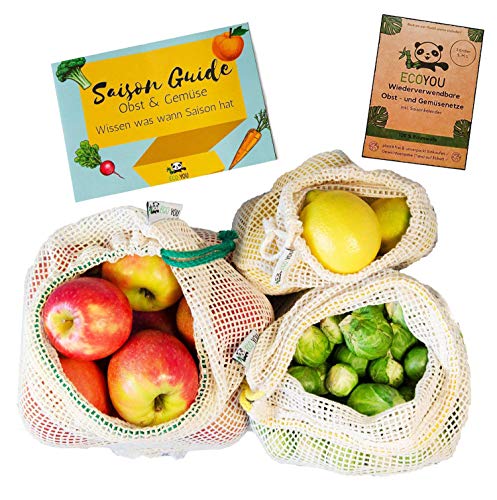 EcoYou Gemüsebeutel Bio-Baumwolle wiederverwendbar 3er Set (S,M,L) mit Gewichtsangabe Zero Waste Obstnetz & Gemüsenetz für den plastikfreien Einkauf NACHHALTIGE Einkaufsnetze + Saisonkalender