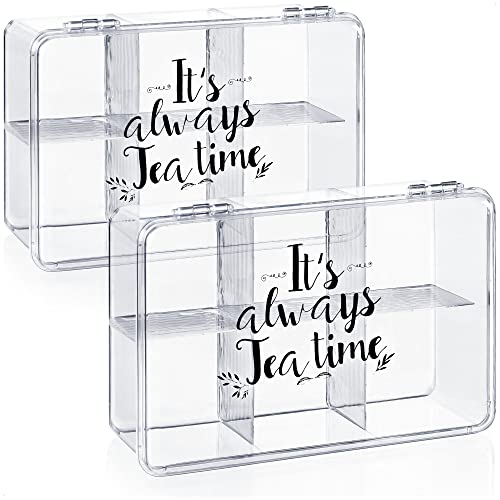 com-four® 2X Aufbewahrungsbox für Tee und Teebeutel - Teebox aus transparentem Kunststoff mit 6 Fächern - Teekiste zur Teeaufbewahrung (02 Stück - It's Always Teatime)