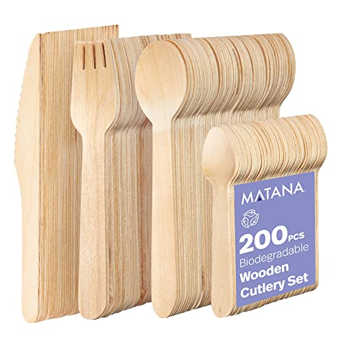 MATANA 200 Premium Holzbesteck - 50 Holzlöffel, 50 Holzgabeln, 50 Holzmesser, 50 Holzteelöffel - Umweltfreundlich, Kompostierbar & Biologisch Abbaubar